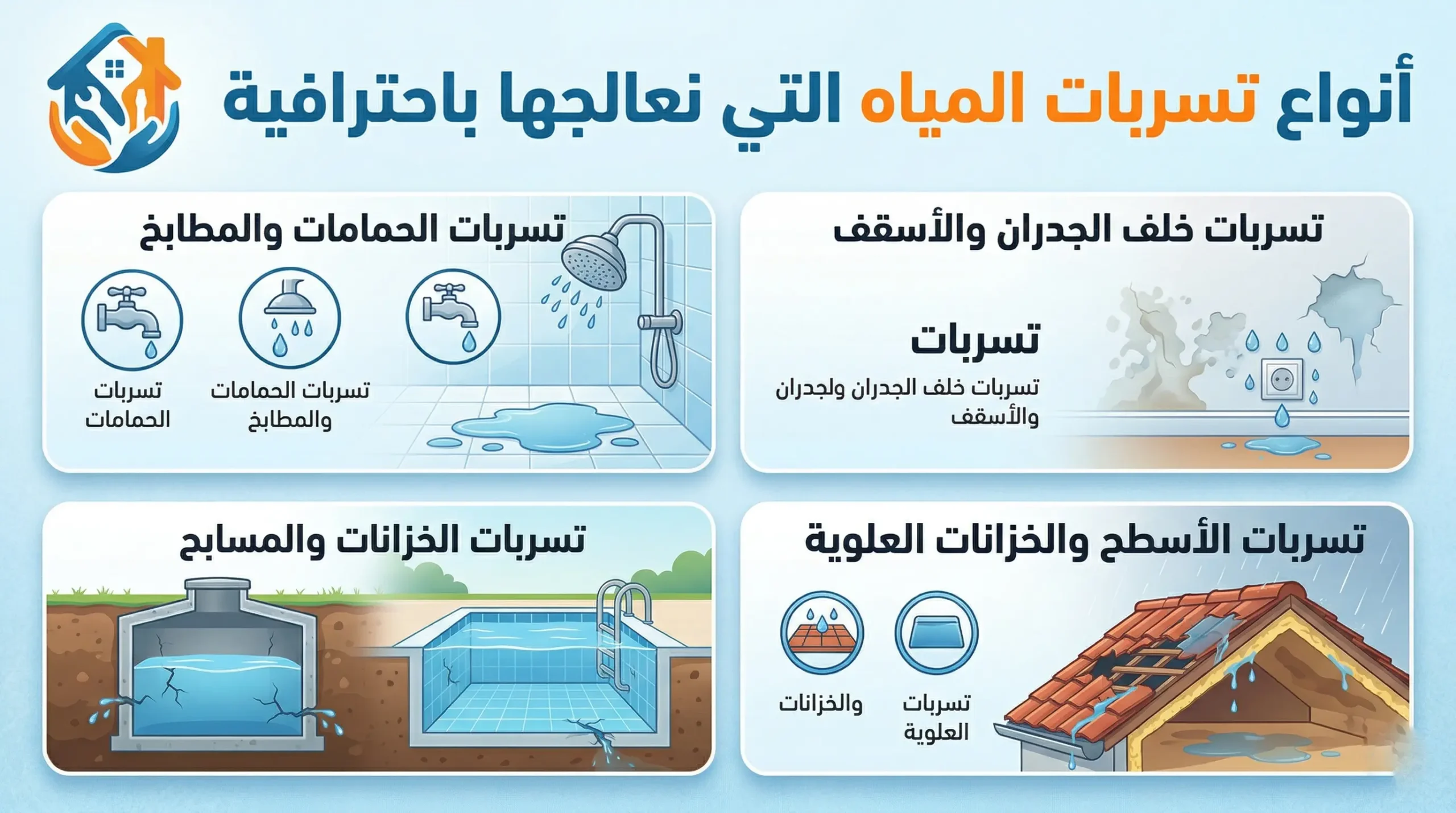 أنواع تسربات المياه التي نعالجها باحترافية