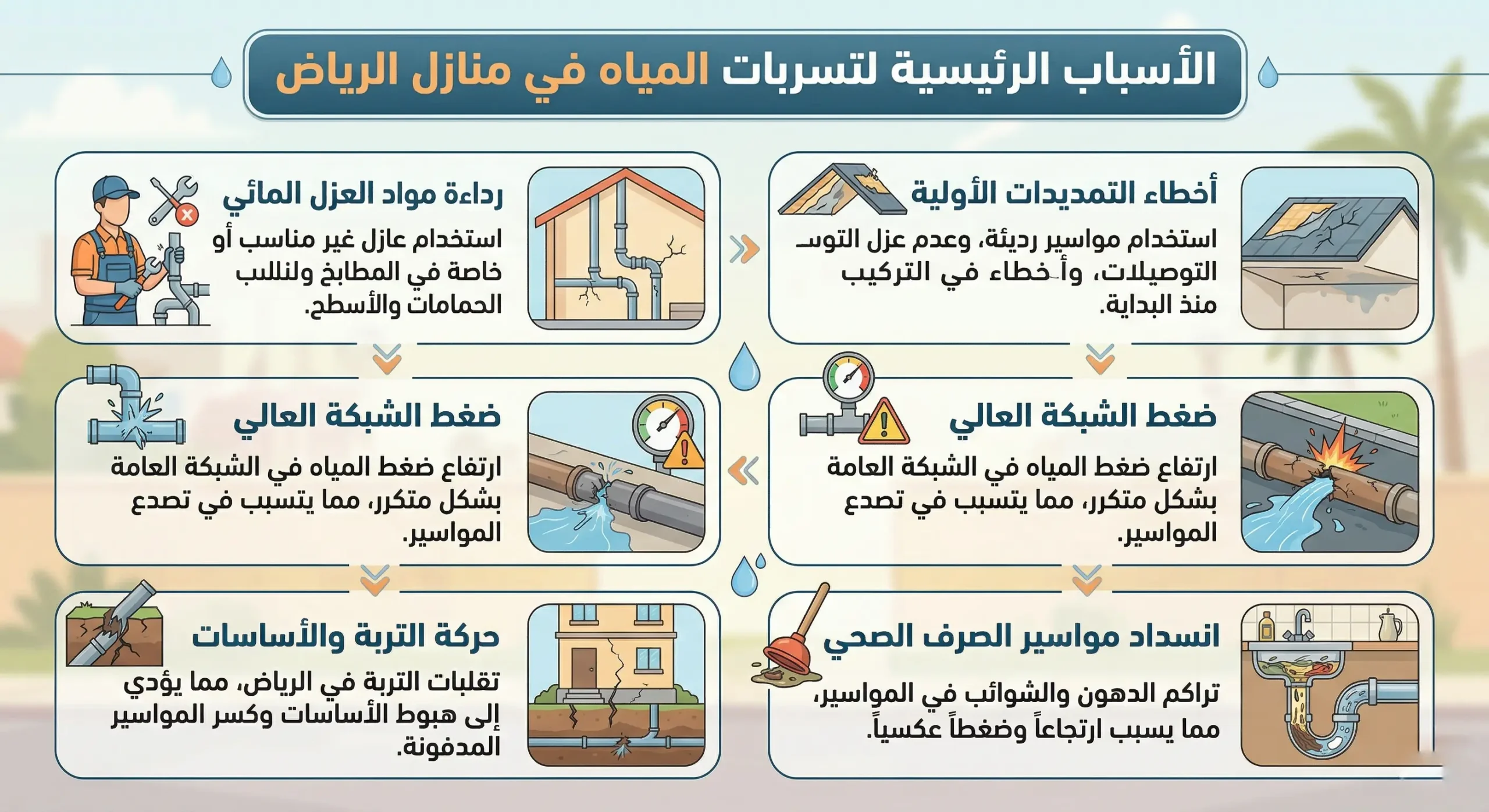 الأسباب الرئيسية لتسربات المياه في منازل الرياض