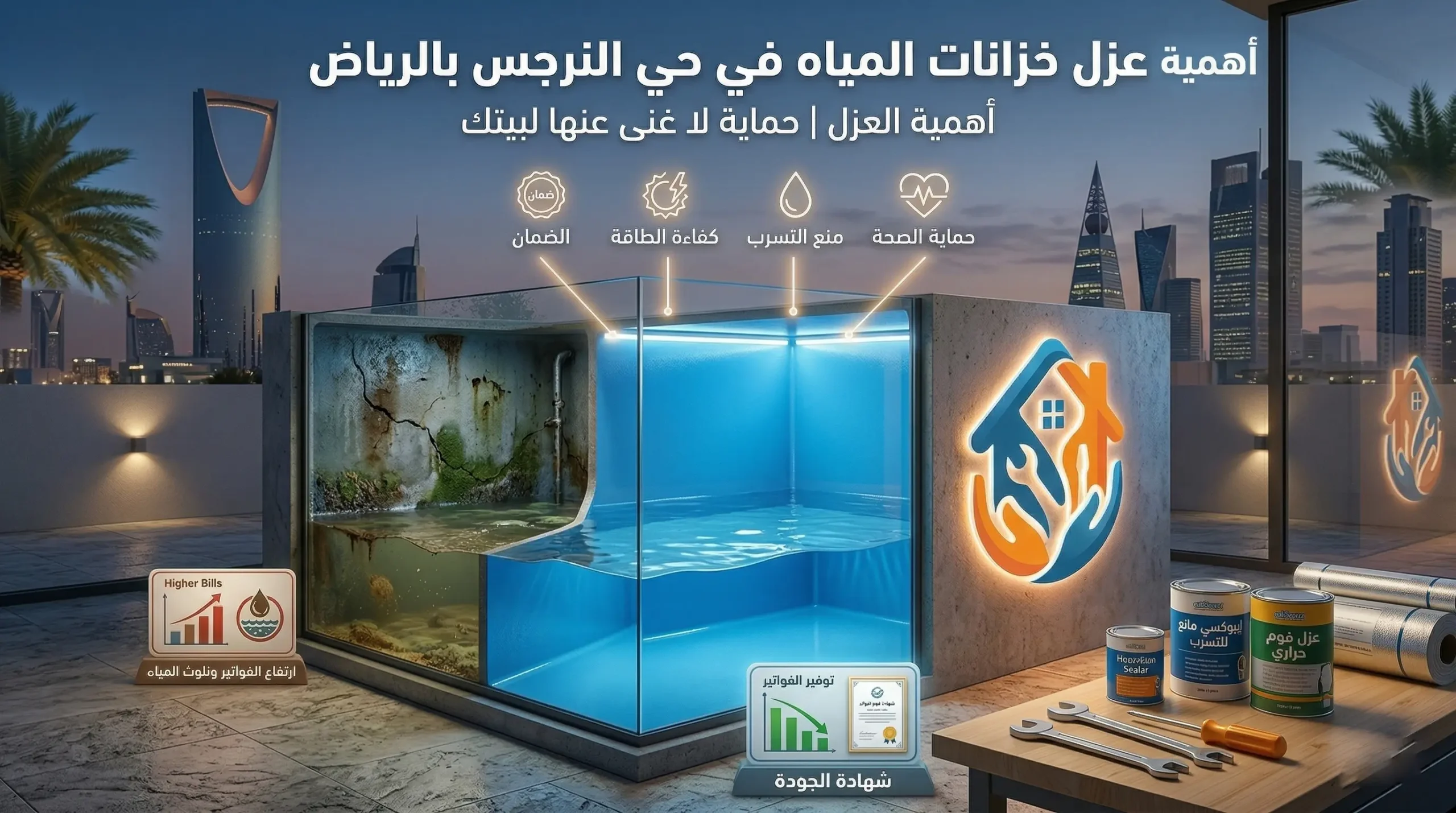 أهمية عزل خزانات المياه في حي النرجس بالرياض