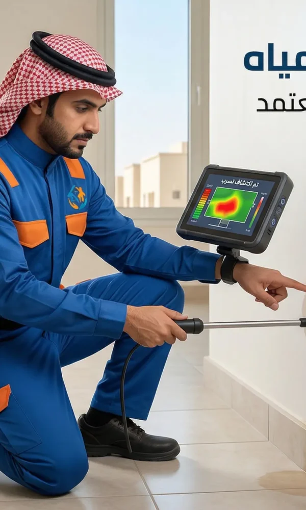 Technician detecting water leaks indoors كشف تسربات المياه شرق الرياض بدون تكسير | حل فوري 100% مع ضمان