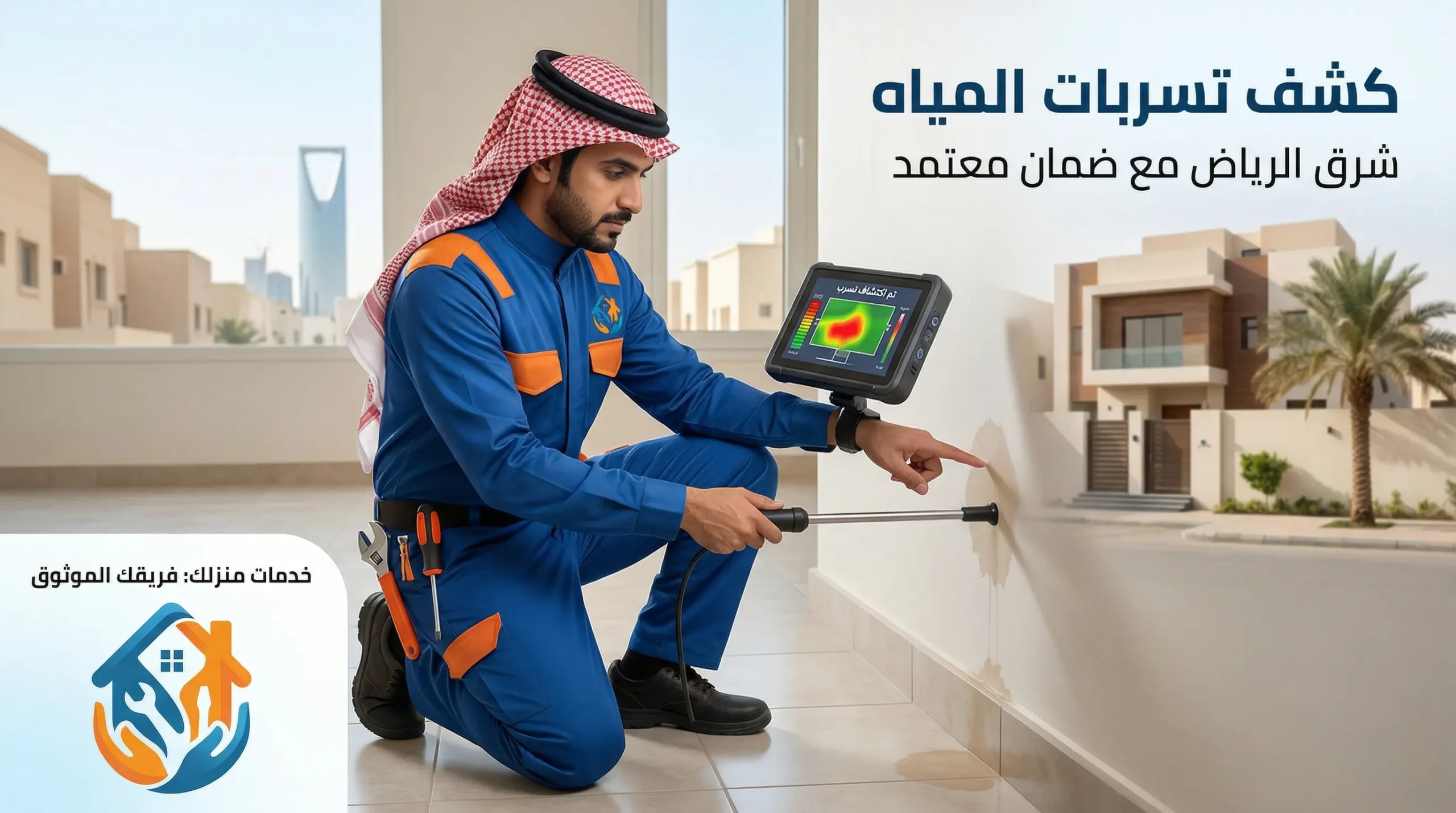 Technician detecting water leaks indoors كشف تسربات المياه شرق الرياض بدون تكسير | حل فوري 100% مع ضمان